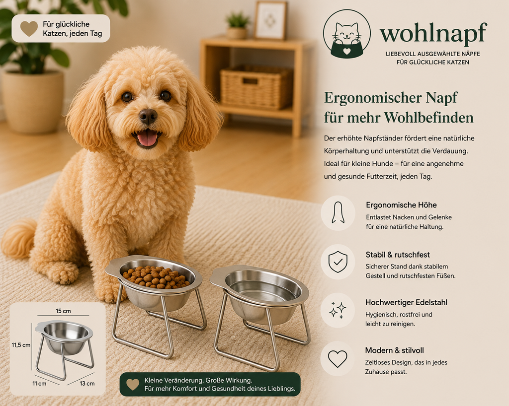 Erhöhter Futternapf aus Edelstahl – kleine Hunde